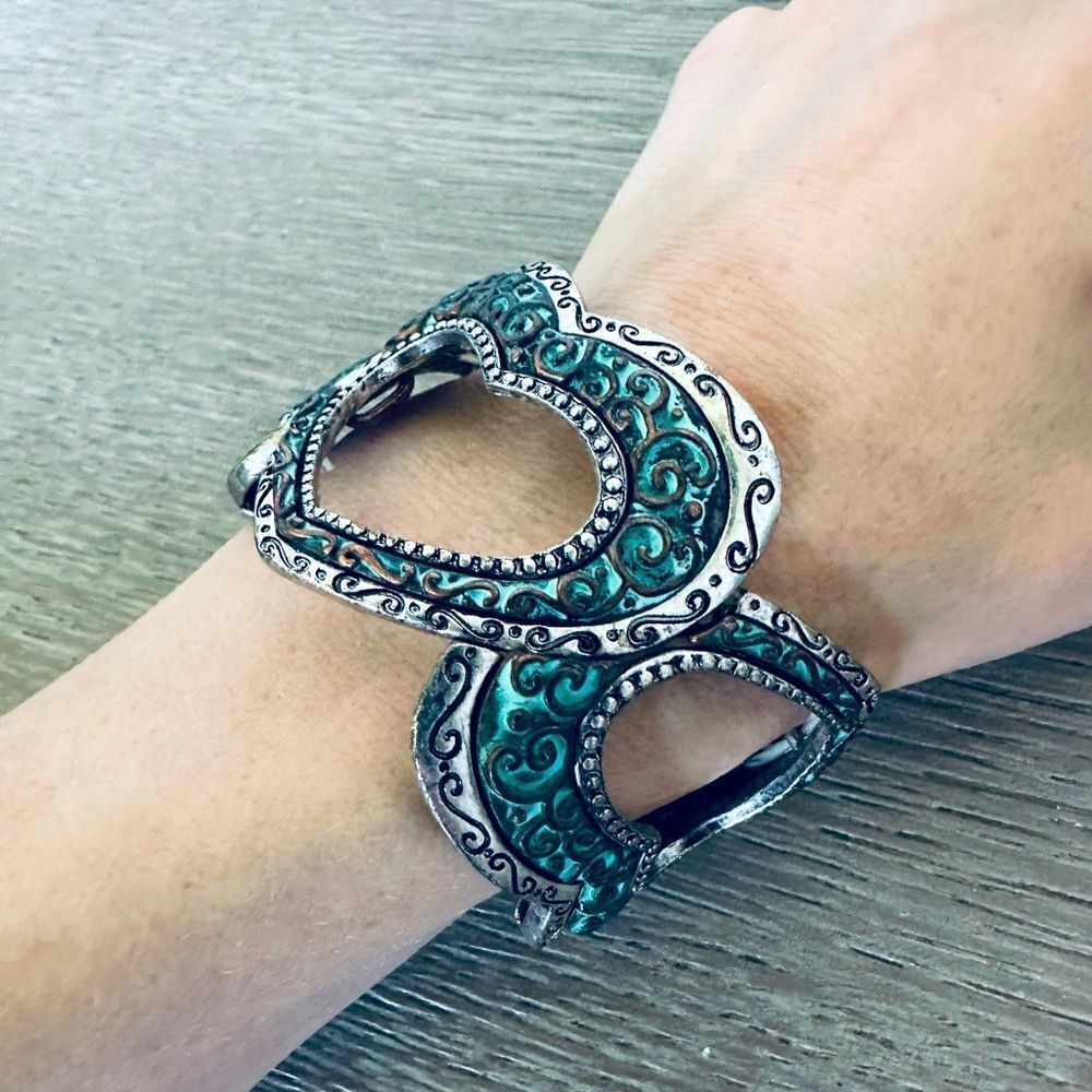Turquoise Silver Hearts Stretch Cuff Bracelet